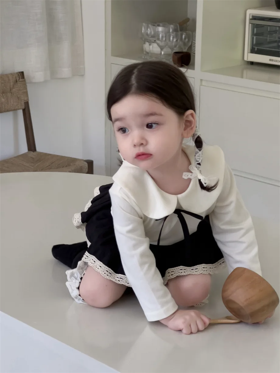 2025 Autumn New Baby Long Sleeve T Shirts Cotton Girls Cute Peter Pan Collar Bottoming Shirts Infant Toddler Solid Bow Tops