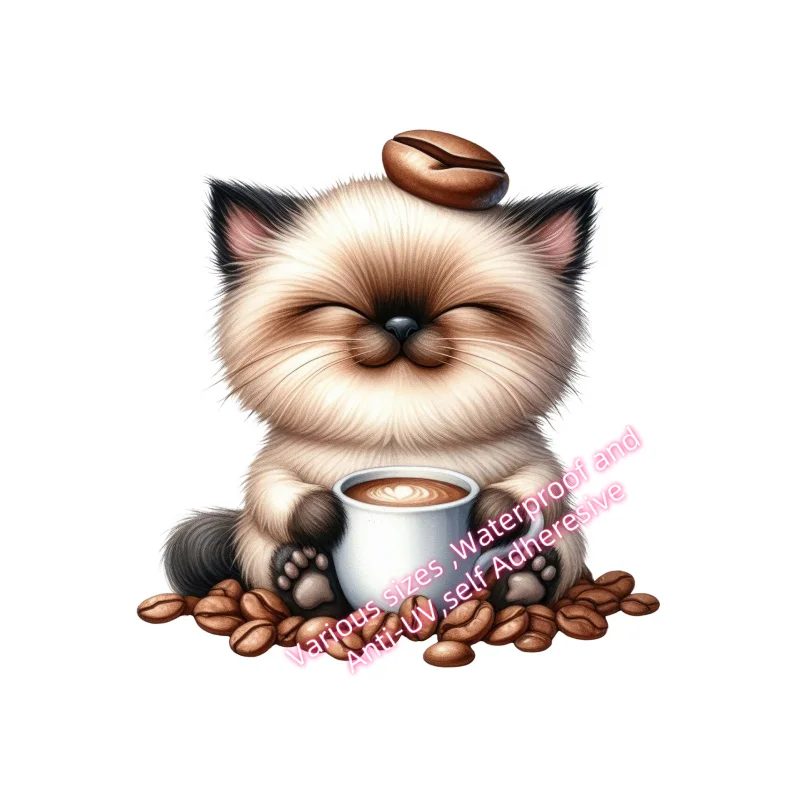Three Ratels X47 Car Sticker Adorable Cat Coffee Sticker Weatherproof Outdoor Vinyl Sticker Customizable Laptop decals