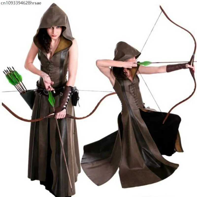

Women Medieval Larp Archer Ranger Elf Costume Femal Warrior Halloween Robin Cosplay Bandage Dress Leather Hooded Robe Maxi Cloak