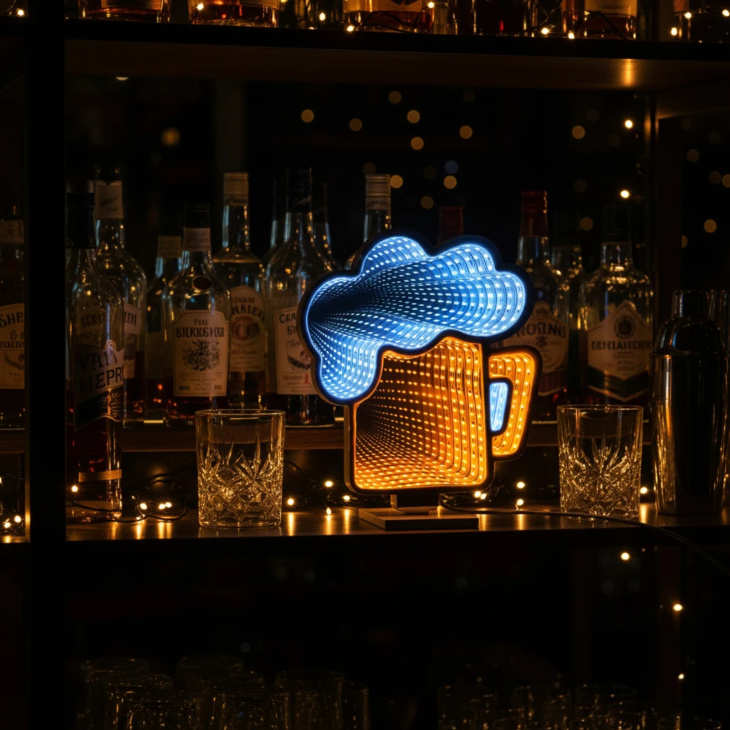 Beer Layered Mirror USB Neon Tunnel Light with Adjustable Brightness Decor for Bar Shop Living Room Bedroom Party Ideal Gift