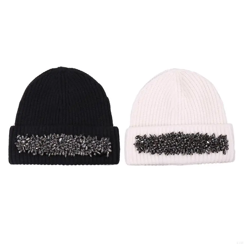 K1ME All-match Shiny for Rhinestone Beanie Hat Fashion Knit Hat Thermal Wool Hat Unisex Windproof for Daily Wear Morning Work