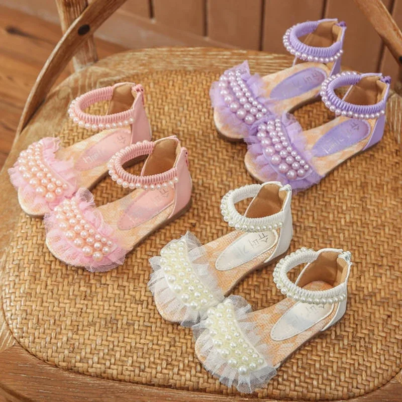 Summer Girls Sandals Fashion Pearls Girls Princess Shoes Baby Girl Shoes Flat Heel Sandals Kids Outdoor Beach Sandal Size 21-30