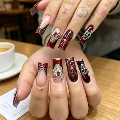 Long Coffin Nude Gradient Burgundy Red Press On Nails Gothic Dark Y2K Fake Nail Tips With Hand-Drawn Silver Spider Web Lines, 3D Silver Spider Charms With Red Rhinestone Inlay & Silver Skull Metal Ornaments Cool Halloween Streetwear Manicure Set For Women