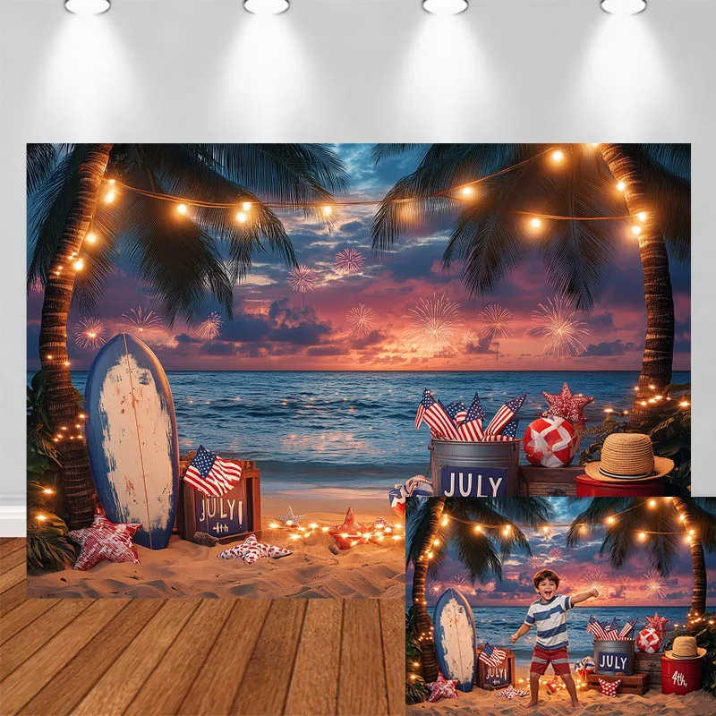 

LS Photography Background Independence Day Beach Coconut Trees Sailboat Flag Decor Adult Kids Portrait Photo Backdrop Studio