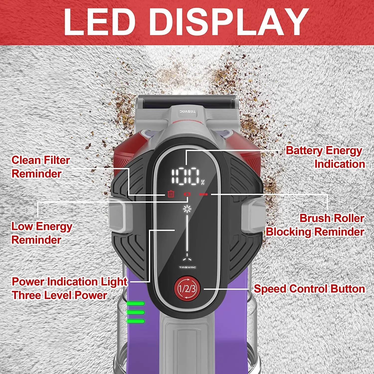 TASVAC S8 Máy Hút Bụi Không Dây Thông Minh Màn Hình Hiển Thị LED 23Kpa Hút MẠNH MẼ 50 Phút Thời Gian Làm Việc Nhiều Chế Độ Sử Dụng Cho Cứng tầng