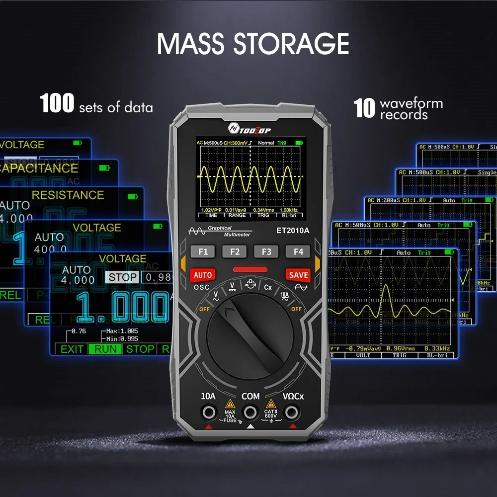 TOOLTOP ET2010A Portable Digital 1Mhz Oscilloscope 2.5Msps Sampling Rate AUTO Range AC/DC 600V Graphcial Multimeter Oscilloscope