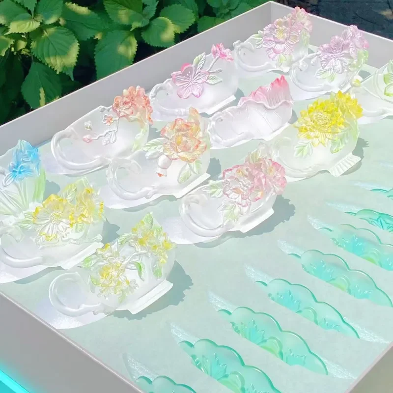 for Dongmei Twelve Flowers Coffee Cup Ancient Glazed Cup Coaster Set Desktop Ornament for Tea Room Home Decor