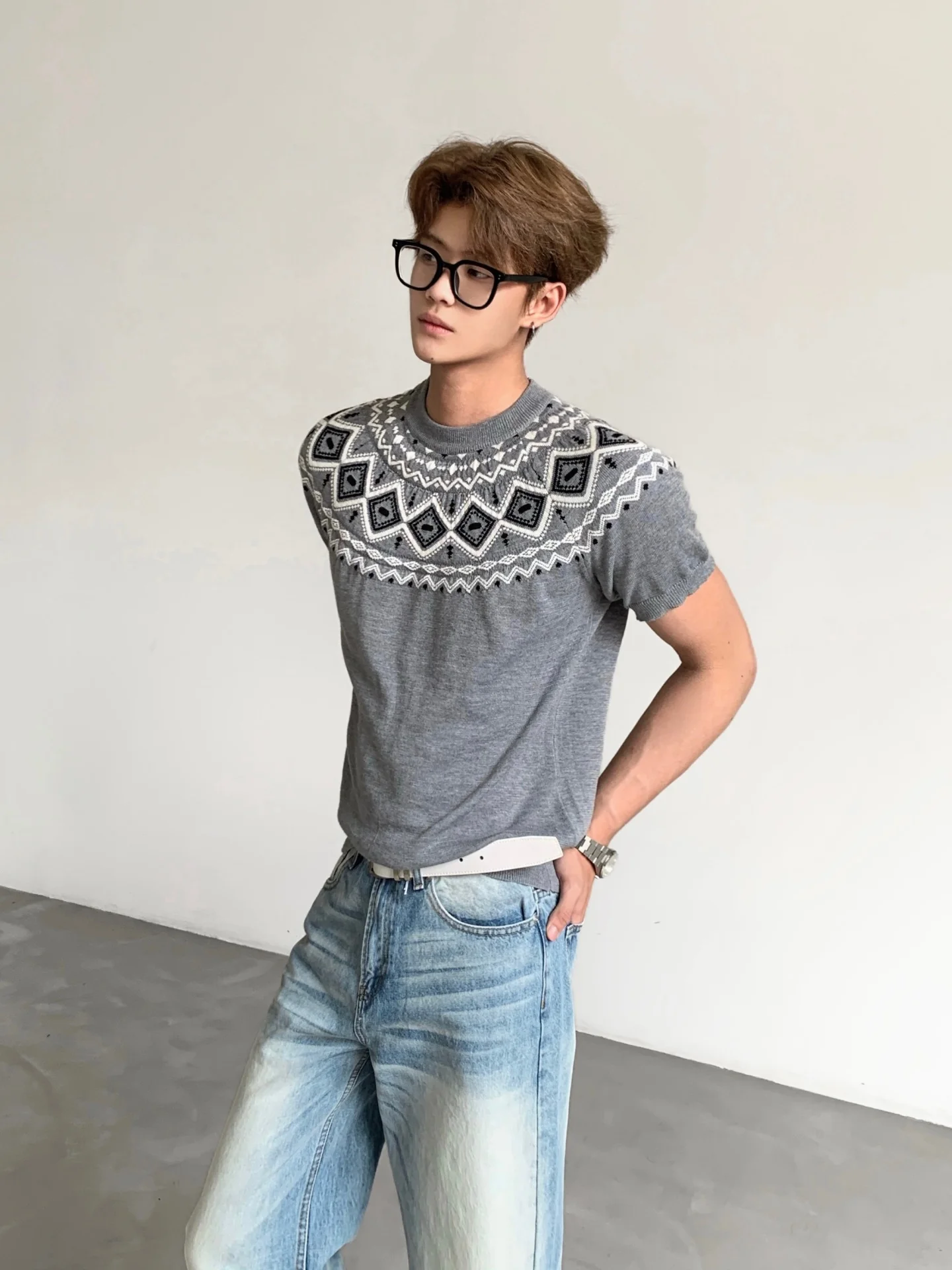 Ace Men's Knitted Wool Blend T-Shirt Short Sleeve Shoulder Insertion Retro Style Breathable Comfortable Fit for Various Activ...