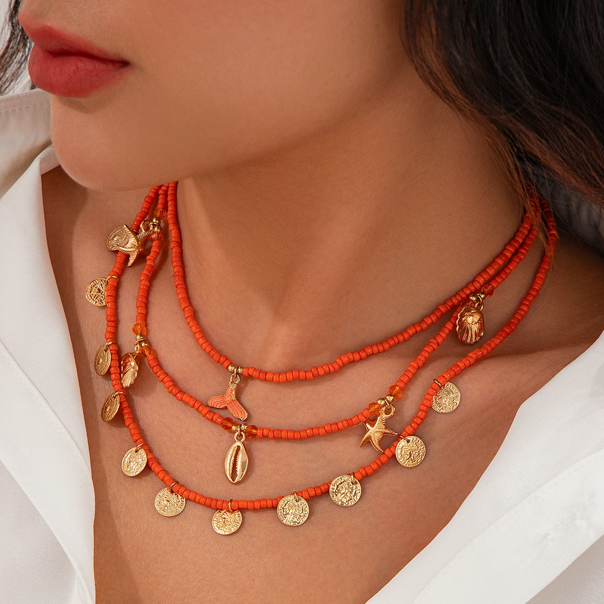 

IngeSight.Z Gold Color Mermaid Tail Scallop Starfish Choker Necklace Set Boho Multilayer Beads Clavicle Chain Women Jewelry