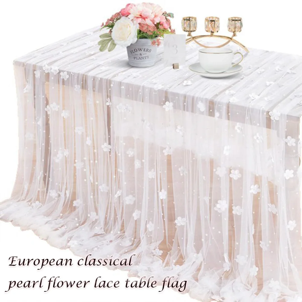 

Elegant Pearl Tulle Wedding Table Runner Chiffon Lace Tablecloth for Bridal Shower and Party Decoration