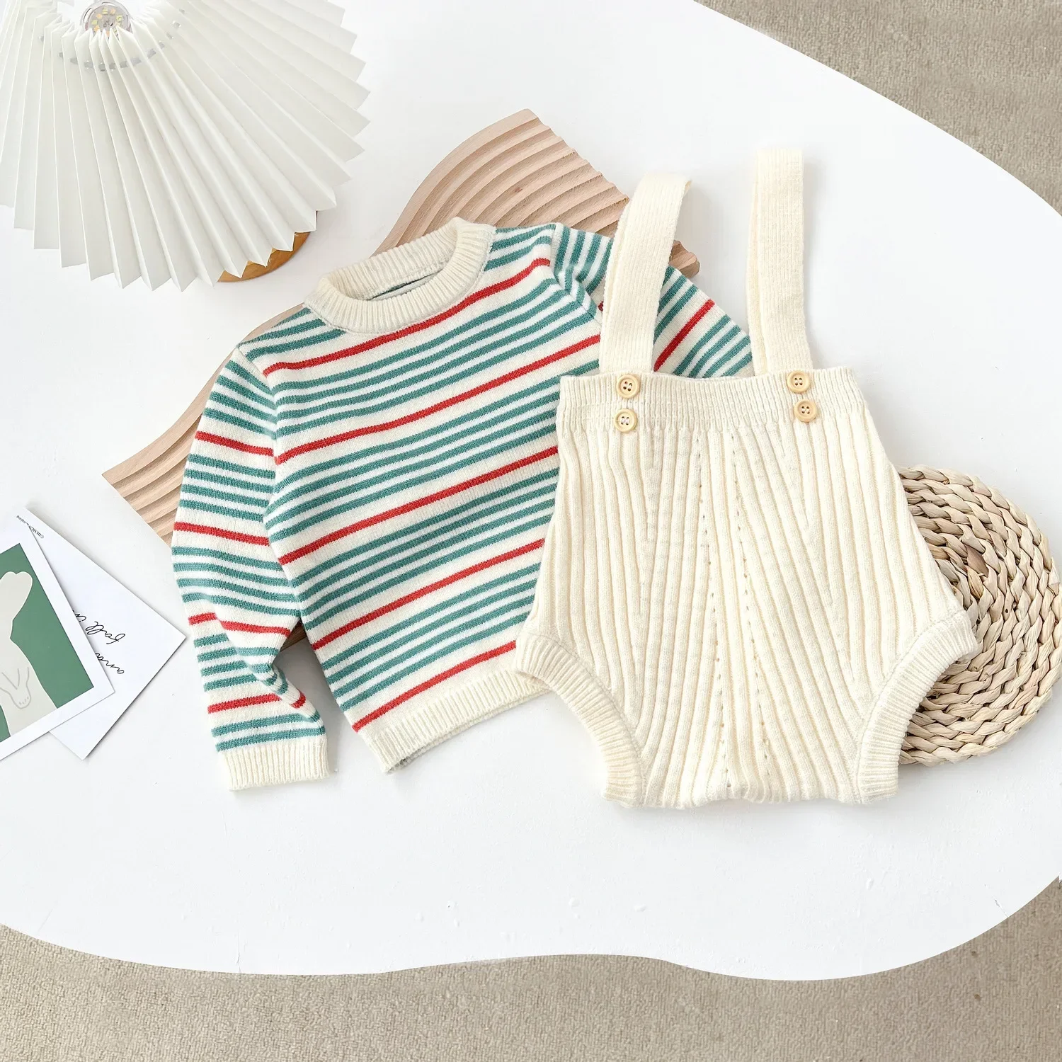 

2024 Bodysuits Kids Baby Clothes Autumn Spring Newborn Infant Full Sleeve Striped Knitted Top Sweater Solid Color Strap Overalls