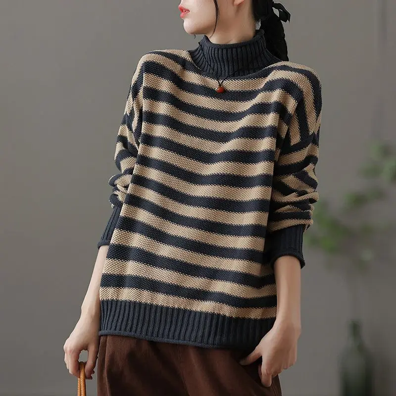 Fashion Stand Collar Spliced Casual Striped Sweaters Women\'s Clothing 2023 Winter Loose Knitted Commuter Pullovers Korean Tops