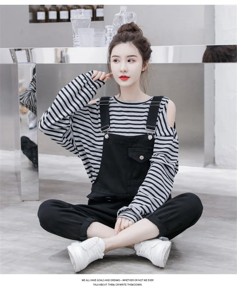 Casual Suit Women's Clothing Spring Autumn Black Denim Overalls + Striped Off-the-shoulder Long-sleeved Top Two-piece Sets d20