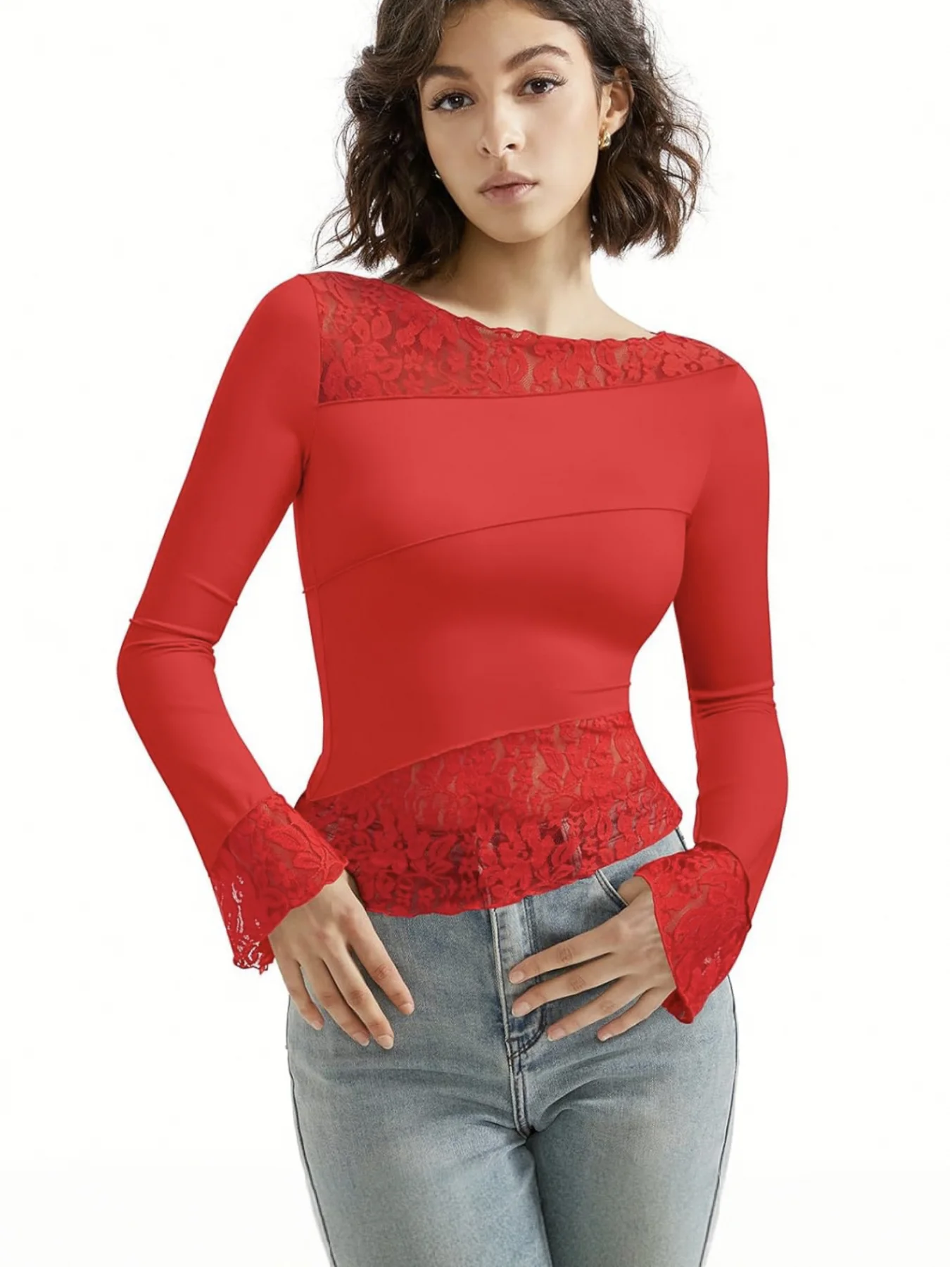 

Ladies elegant lace stitching T-shirt