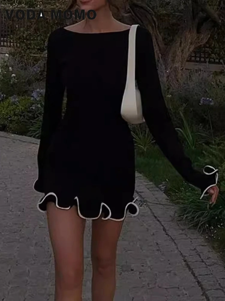 

New Versatile Retro Women's Dresses Elegant Round Neck Pleat Long Sleeve Casual Slim Short Dresses Lady Street Chic Party Dress