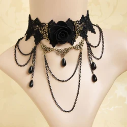 New Collares Sexy Gothic Chokers Crystal Black Rose Lace Neck Choker Necklace Vintage Victorian Women Choker Steampunk Jewelry
