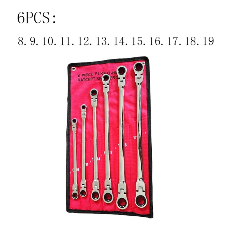 6-Piece Metric 8mm 19mm for Extra Long Gear Ratcheting Wrench Set Extended Handle with for Head 6pcs & 12 Sizes D