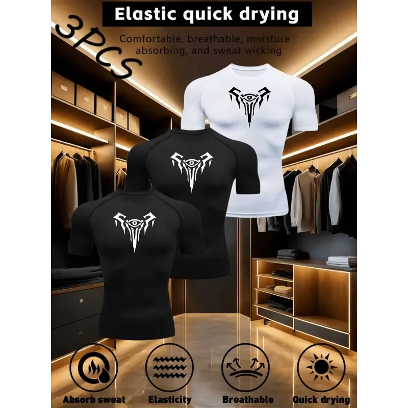 3PCS Mens Compression Shirt with Eye Totem Print High Elastic Quick Dry Breathable Stretch Fitness Workout Sport Tops