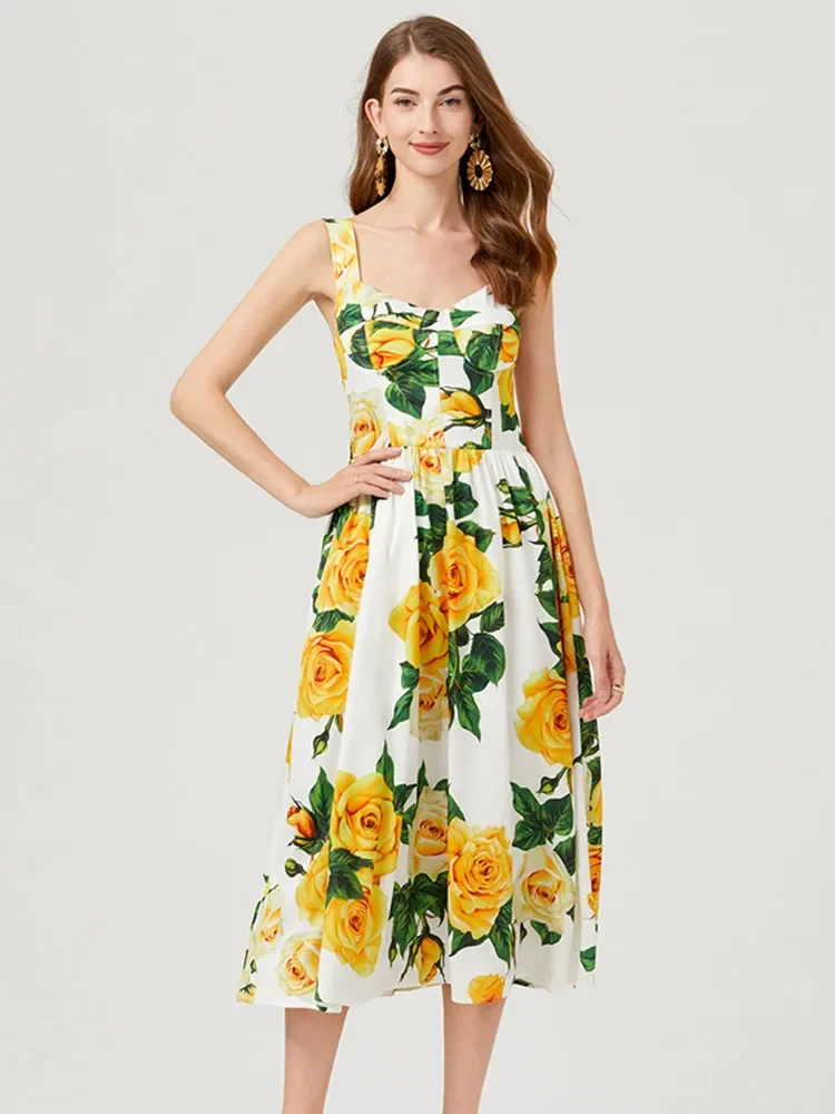 Summer New Yellow Rose Print Spaghetti Strap Dress Women\'s V-Neck Sleeveless Cup Padded Backless Elastic Holiday Beach Sundress