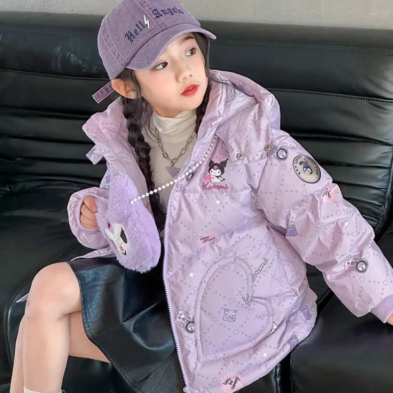 Sanrio Girls' Cotton-Padded Jacket, Winter Velvet Thickened Down Jacket, Outdoor Warm, Cute Cartoon Kuromi Clothing Gift