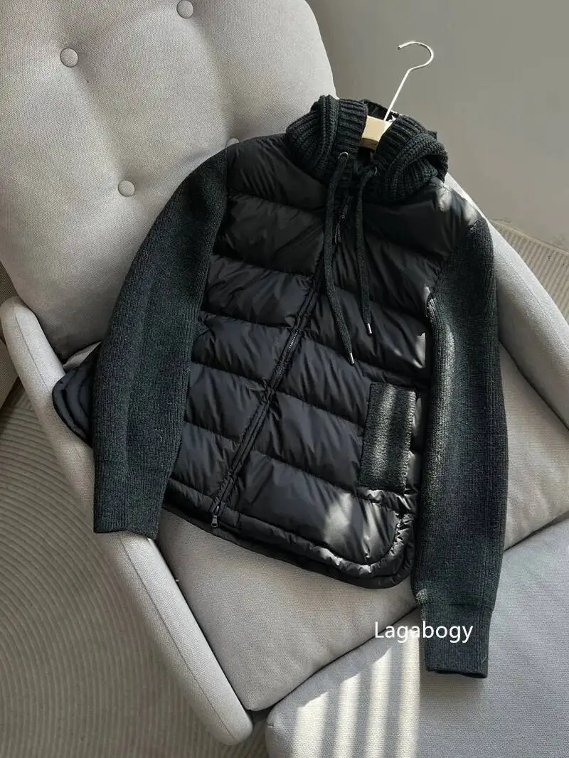 Lagabogy 2025 جديد الخريف الشتاء محبوك المرقعة الأبيض بطة أسفل سترة المرأة الرباط مقنعين الدافئة خفيفة الوزن معطف منتفخ #5