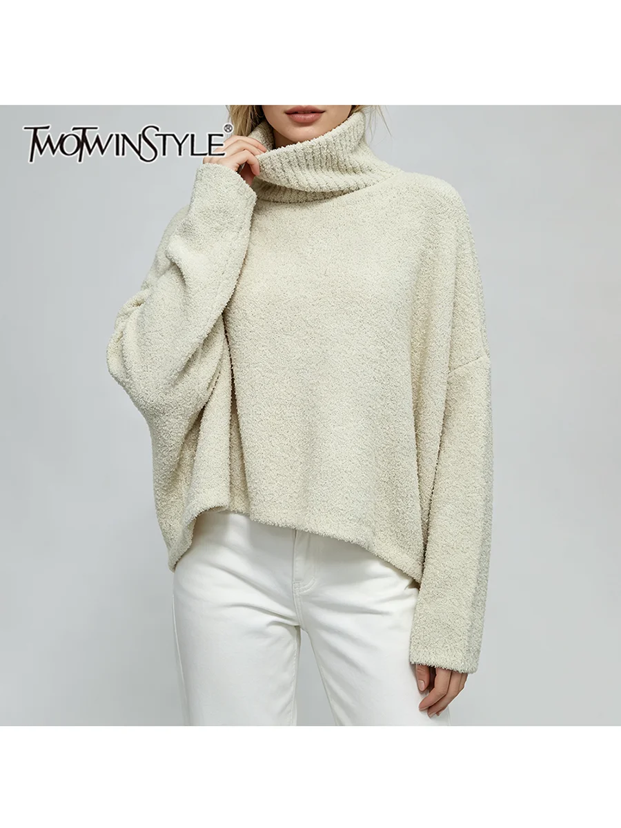 TWOTWINSTYLE Pearl Spliced Fluffy Loose Sweater for Women High Collar Long Sleeve Patchwork Button Casual Swwaters Female Style
