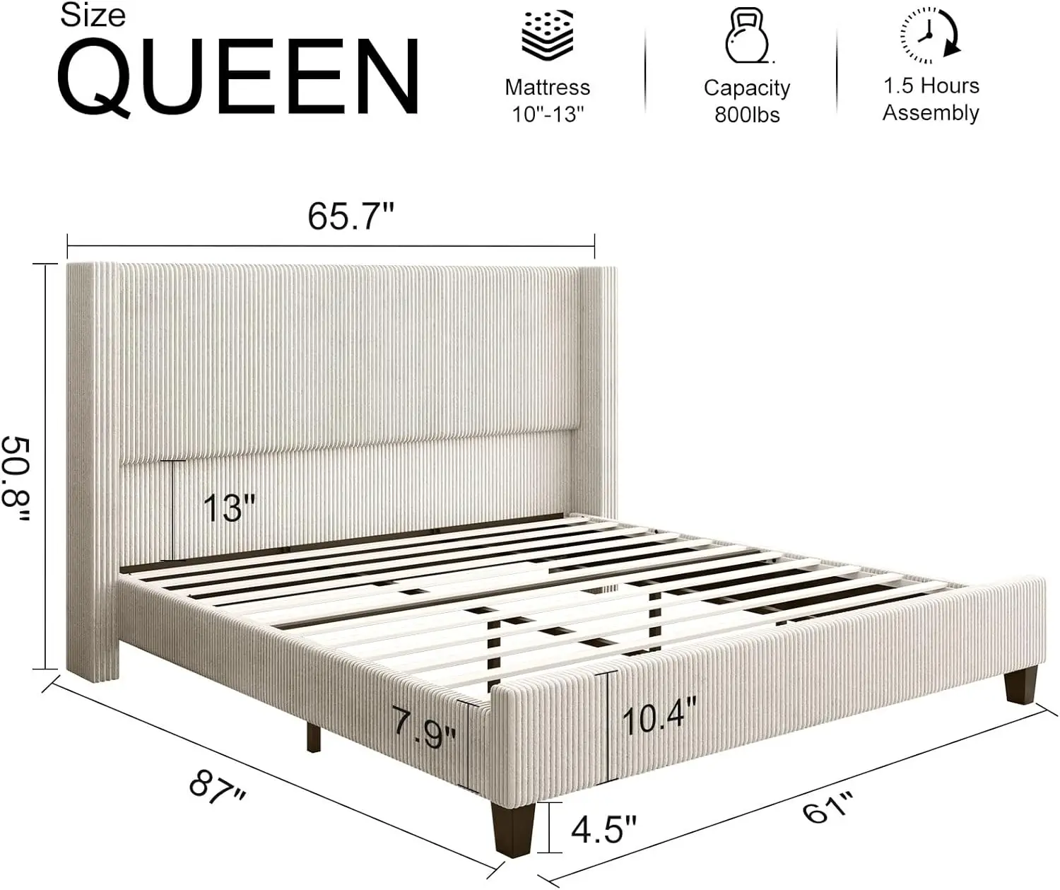 Groot Platform Bedframe Met Kussens, Canvas Bed Met 50.8 Inch Hoofdeinde, Corduroy/Massief Houten Poten/Geen Veren Nodig