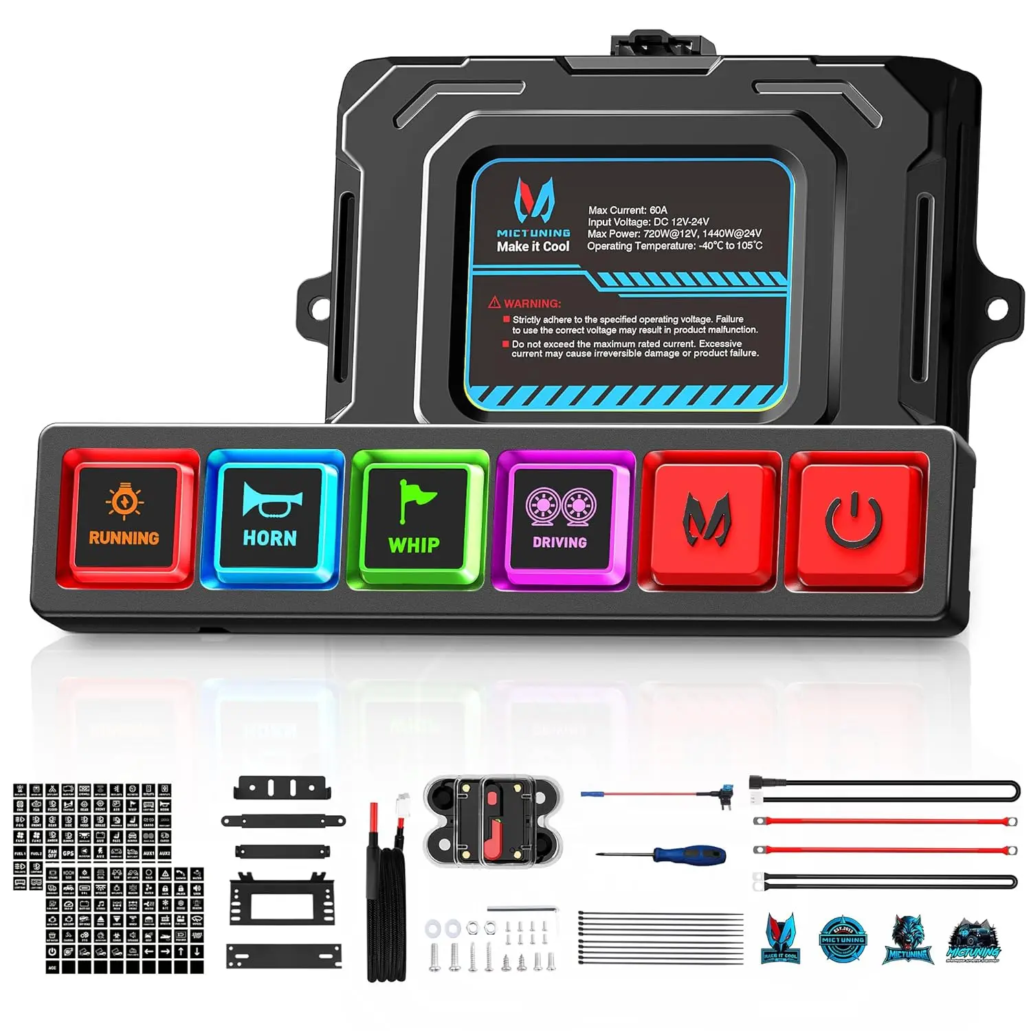 

MICTUNING P4-NEON 4 Gang Switch Panel,Color-Coded Backlit Silicone Buttons,Universal Circuit Control Relay System Box For Car