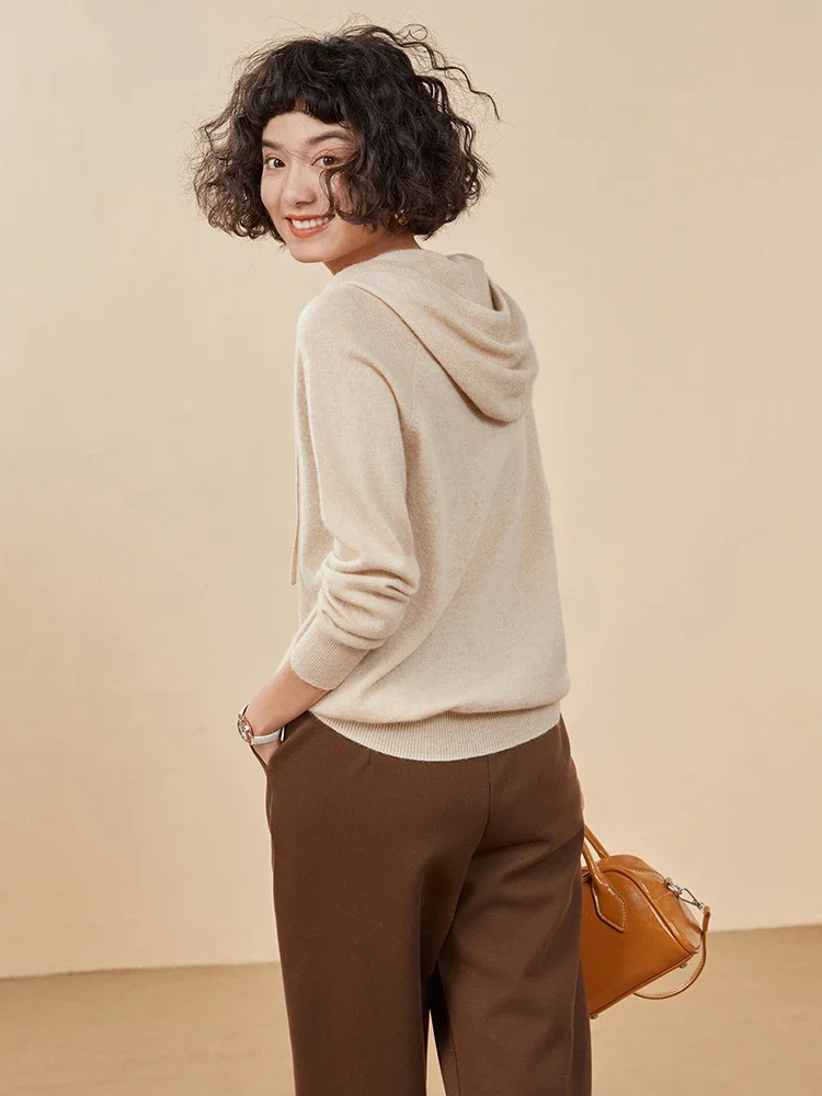 Women Goat Cashmere Hooded Pullover Sweater Spring Autumn Winter Casual Simple Style Hoodie 100% Cashmere Knitwear Clothing Tops