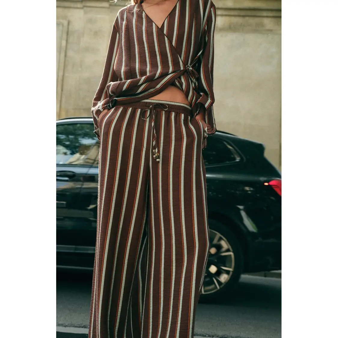 Fashionable Loose Striped Double-breasted Jacket Pants Set ZR Wind Women's Clothing Four Seasons Suitable Two-piece Suit