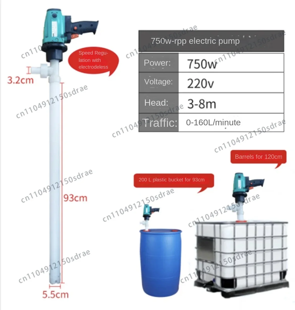 750W 1100W 1300W Electrical Chemical Liquid Pump Strong Corrosive Liquid Infusion Pump RPP Barrel Pump