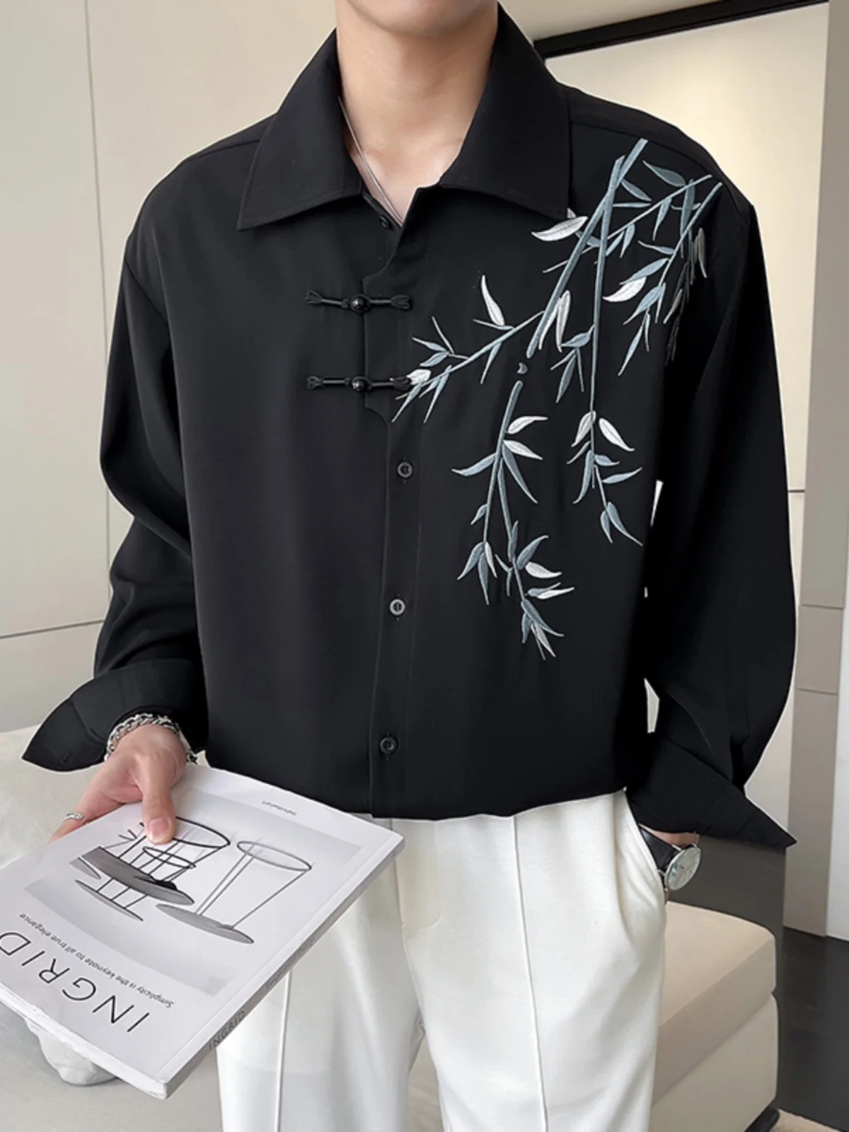 

New Chinese Style Long Sleeve Black Shirt Men's Fashion Brand Handsome Large Size Hair Stylist Bamboo Embroidery Shirt