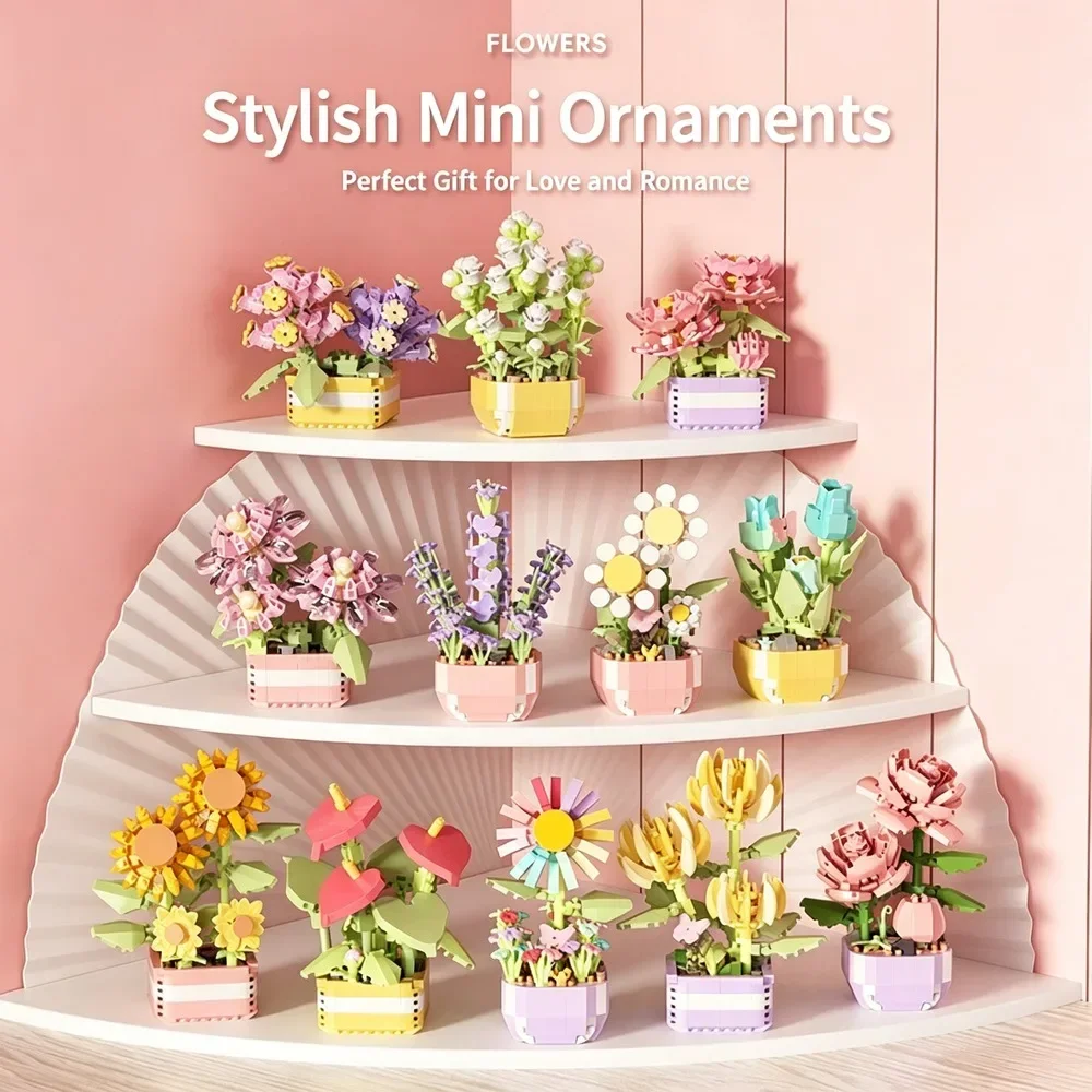 Plant Potted Eternal Flower Bouquet Building Blocks Succulent Style DIY Assembly Ornament Office Concentration Training Present