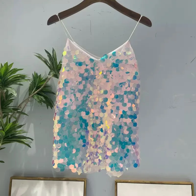 

Fashion Glitter Sexy V-neck Strap Stage Performance Costume Birthday Party Spaghetti Strap Top