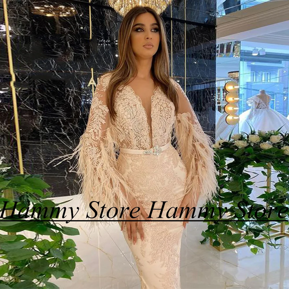 Yipeisha Champagne Lace Evening Dress Customized Batwing Sleeves V Neck Applique Feathers Tea Length Formal Occasion Dresses