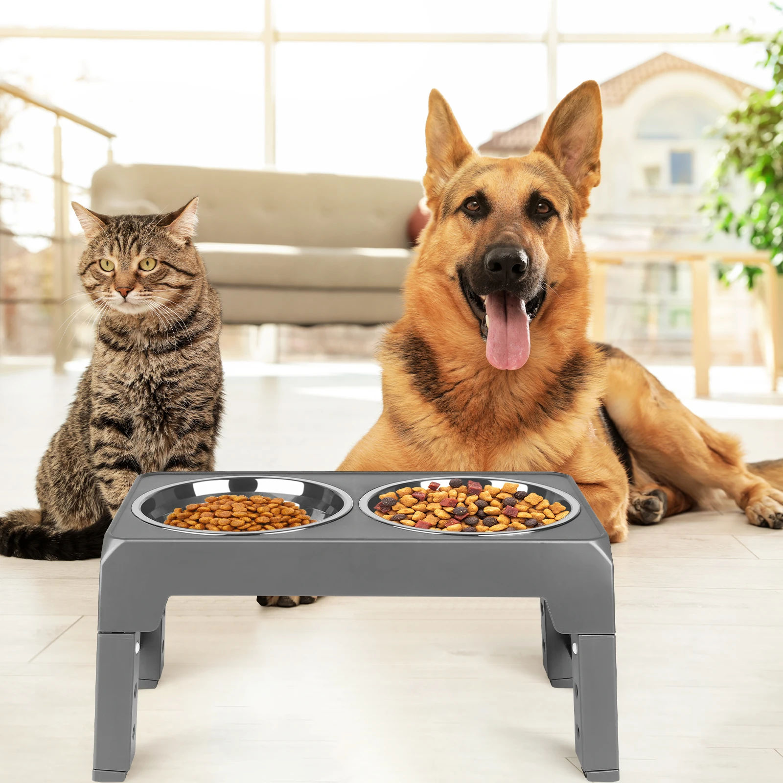 Erhöhte Futternäpfe für Haustiere mit 4 verstellbaren Höhen, inklusive 2 Edelstahlnäpfen, für Hunde und Katzen, Grau/Schwarz – Detail 2