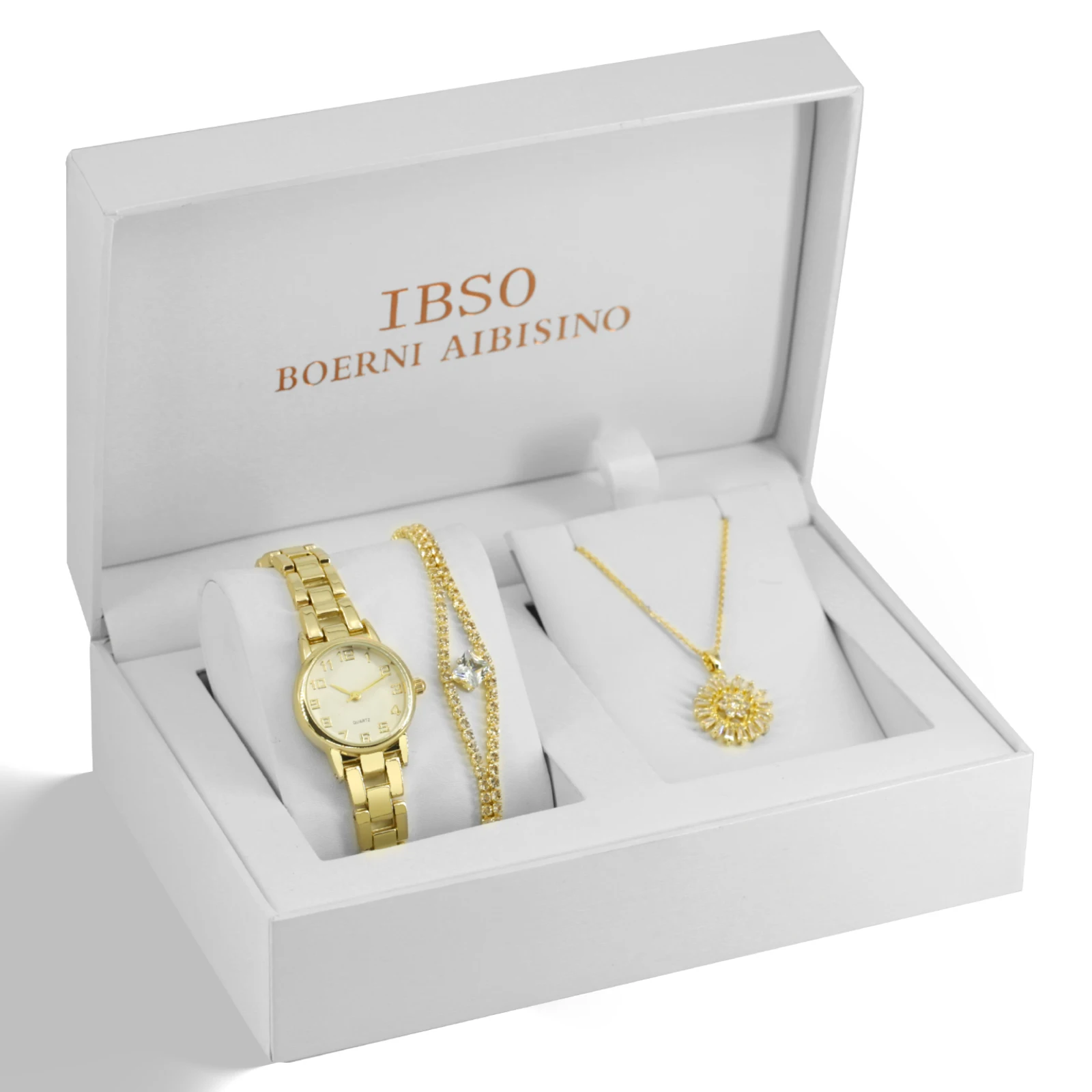 IBSO, conjunto de collar de reloj dorado de lujo para mujer de la mejor marca barata, conjunto de joyería femenina, reloj de cuarzo de cristal creativo a la moda, regalo para mujer