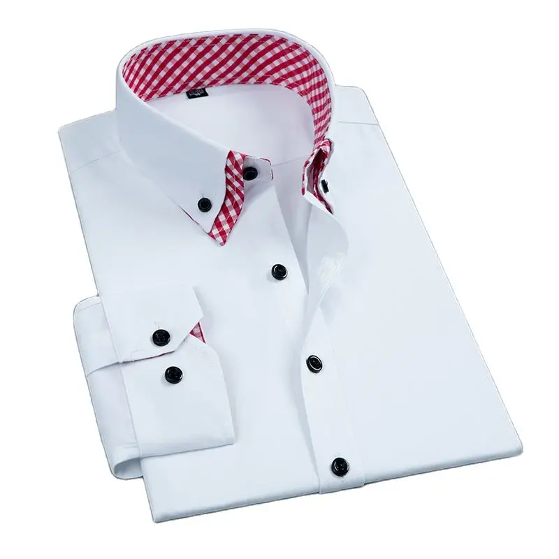 Męska dwuwarstwowa koszula z długim rękawem bez żelaza Moda biznesowa Formalny regularny krój Biuro Camisa Social Solidne koszule z guzikami