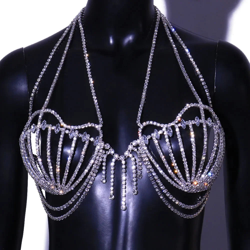 2024 New Sea Shell Bra Top Woman Crystal Lingerie Chain Apparel Stripper Outfit Dancewear Exotic Gift Lingerie Wholesale Pendant