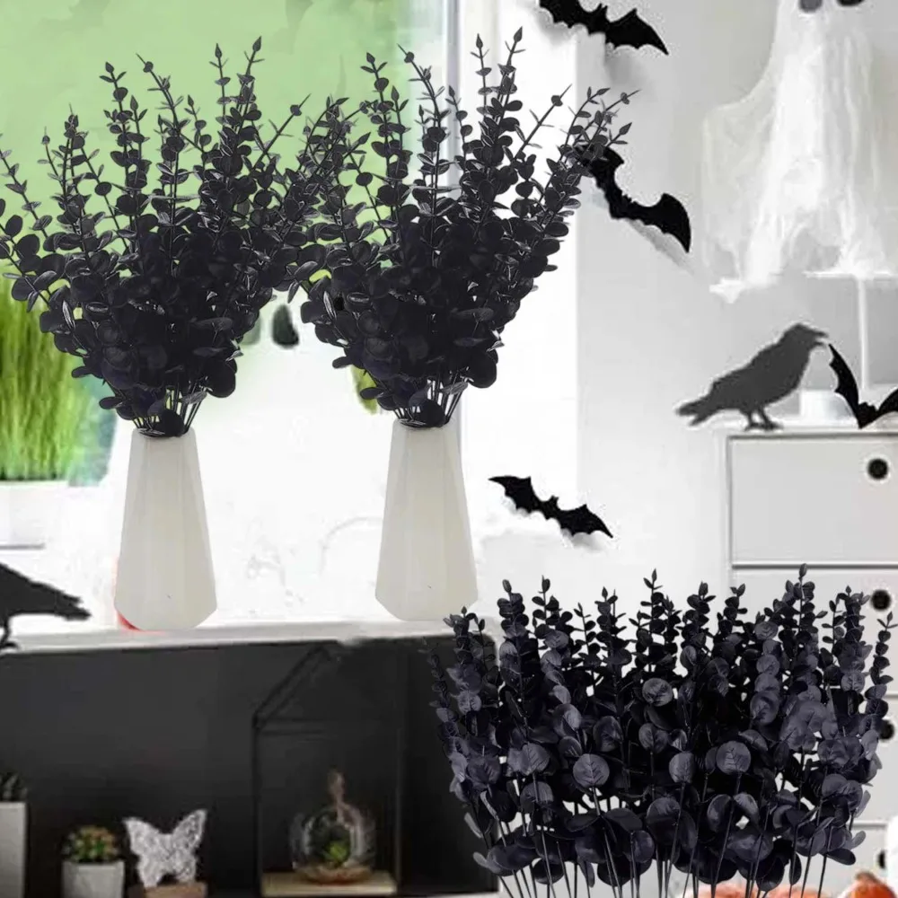 هالوين محاكاة فرع الأوكالبتوس الأسود باقة زهور اصطناعية الشكر البلاستيك الأوكالبتوس ينبع ديكور للطاولات الطرف #4