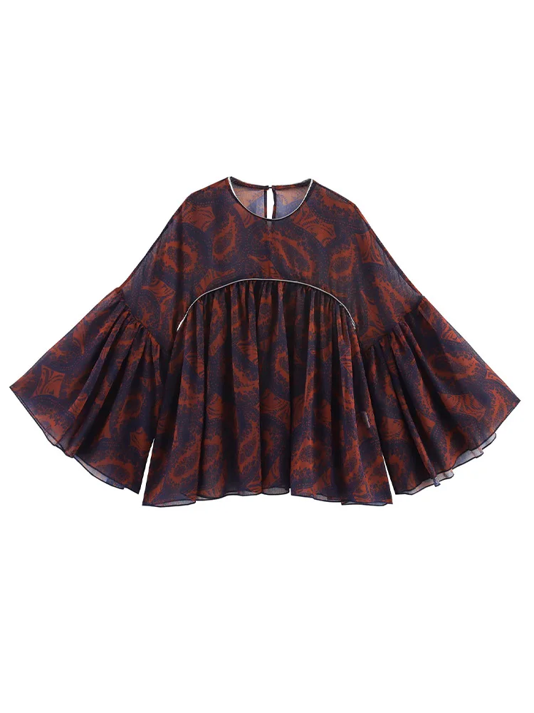 

2025ZA&JIA new women's clothing European and American style printed drapey and elegant round neck long-sleeved top