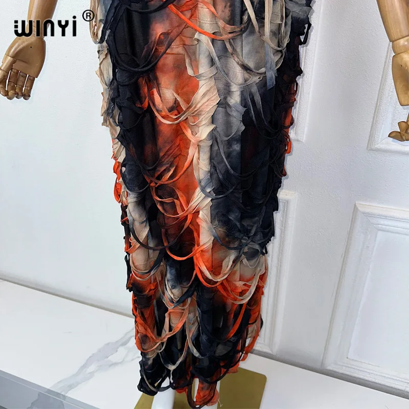 WINYI new tie-dye print summer Deep High fork sexy dress Elegant Floor-sweeping evening dress Women Beachwear kaftan