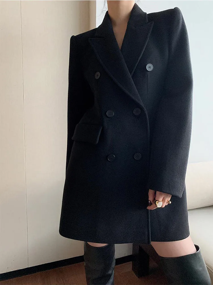 BZVW Office Lady Women Blazer Notched Solid Color Double Breasted Belt Gathered Waist Woolen Coat 2024 New Clothing 25X3730