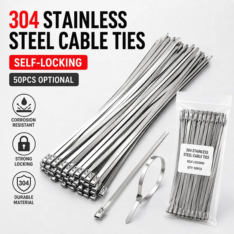 50Pcs 304 Stainless Steel Cable Ties 7.9mm Width 150-500mm Heavy Duty Self Locking Zip Ties for Exhaust Pipe Fence Outdoor Use