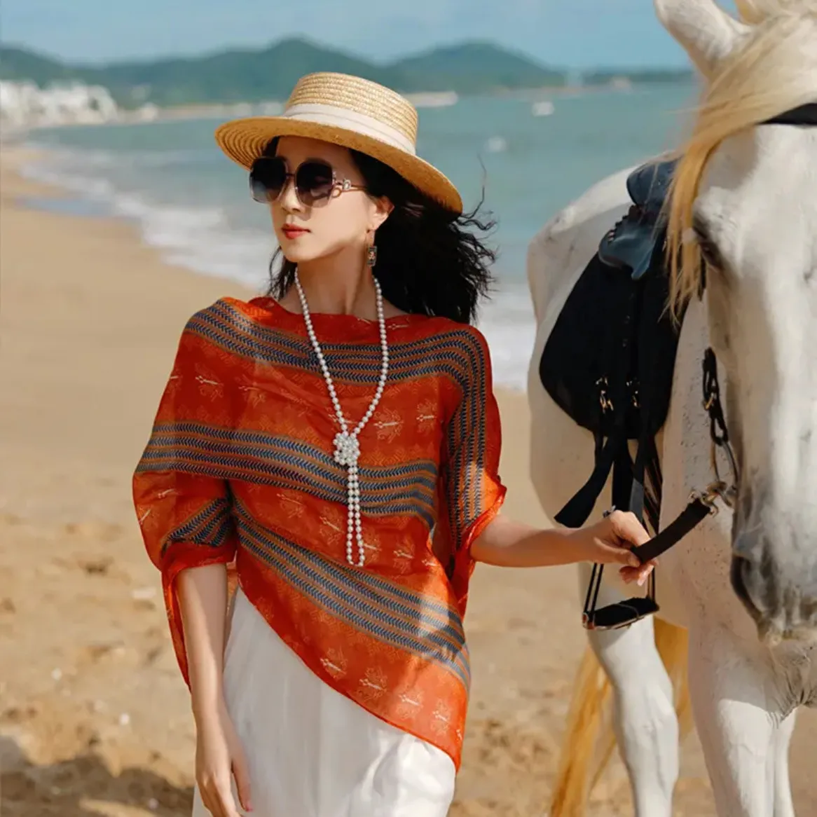 Summer Travel Island Tour Women's Shawl Headscarf Outerwear Vacation Photo Sun Protection Tassel Print Fashionable Commute