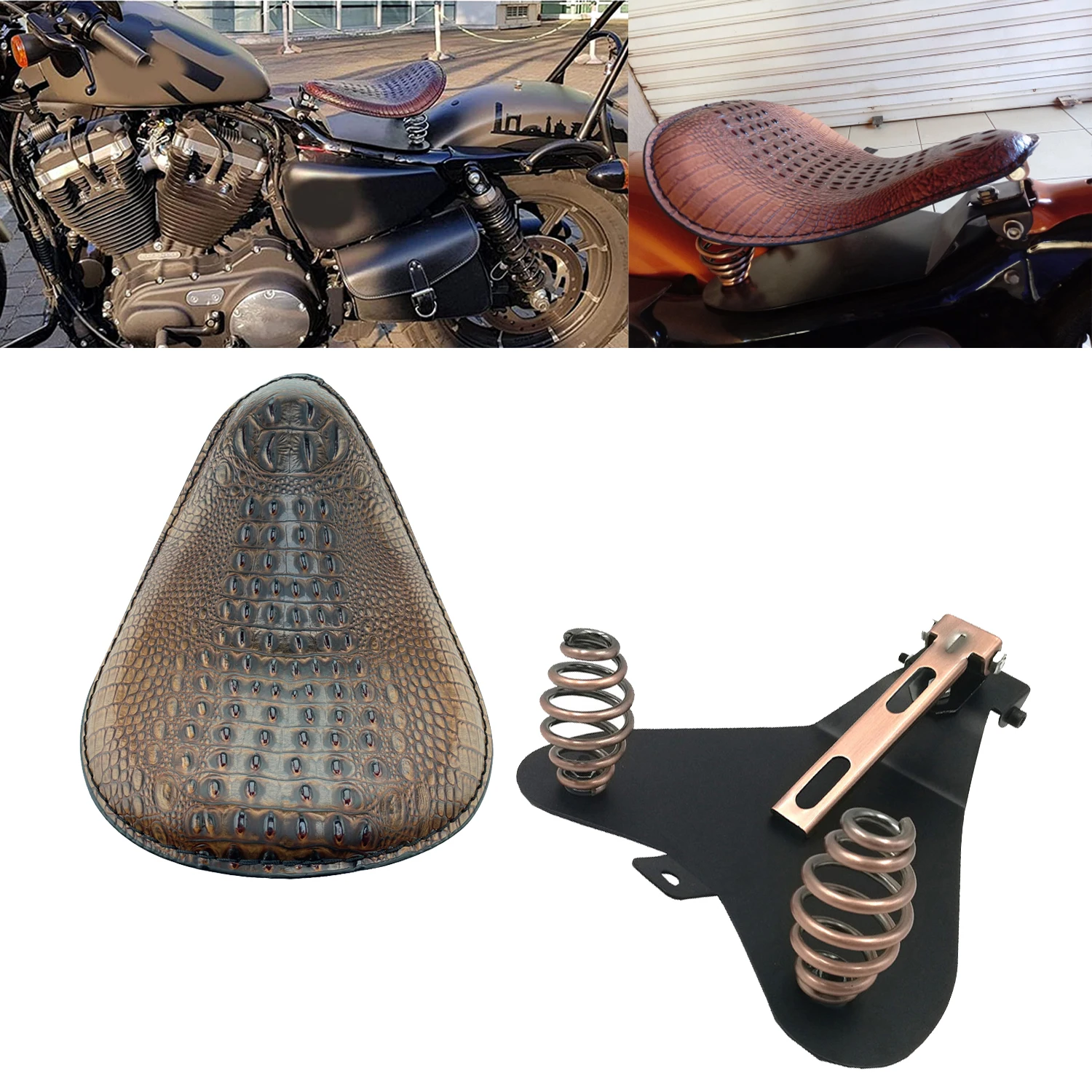 Universal Motorcycle Brown Crocodile Leather Style Saddle Solo Seat Cushion Spring For Harley/Honda/Yamaha/Kawasaki