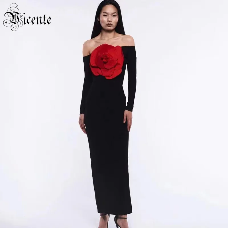 

VC Elegant And Pretty Women'S Dresses Off Shoulder Long Sleeves Red Big Flower Patchwork Black Party Gown