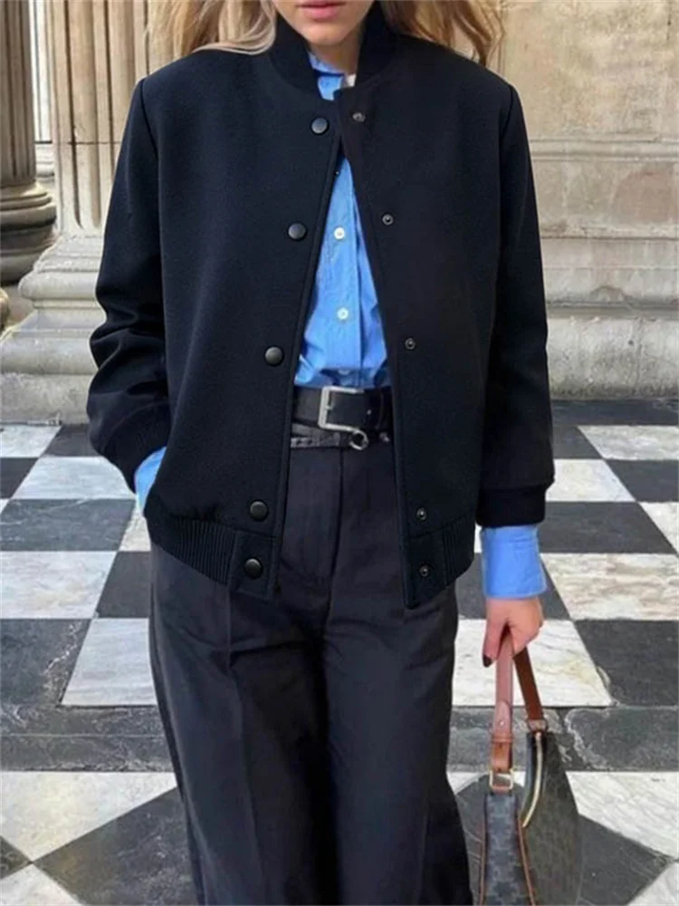 Tinaa Navu Blue Jackets for Women 2026 Straight Baseball Collar Long Sleeve Single Breasted Pockets Casual Overcoat 190987