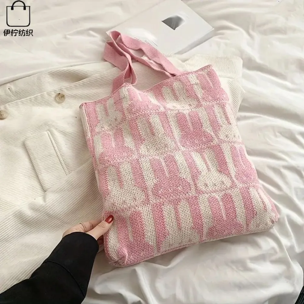 Knitted Shoulder Bag Women Casual Handbag Large Capacity Commute Bags Cute Rabbit Canva Tote University Student Bags