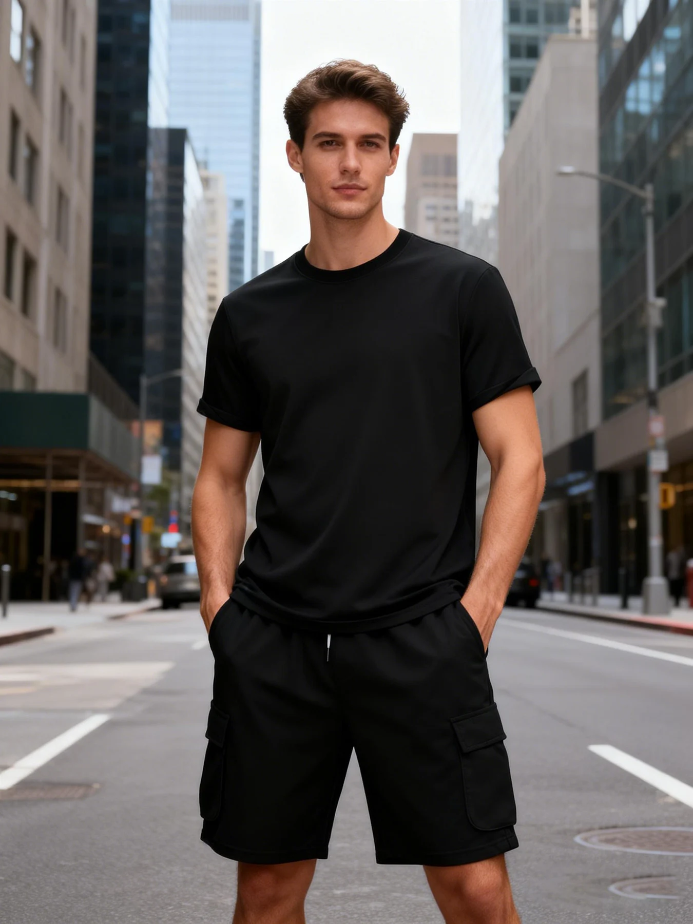 

Basic Solid T-Shirt Cargo Shorts Set Men's Summer Loose Casual Versatile 2 Piece